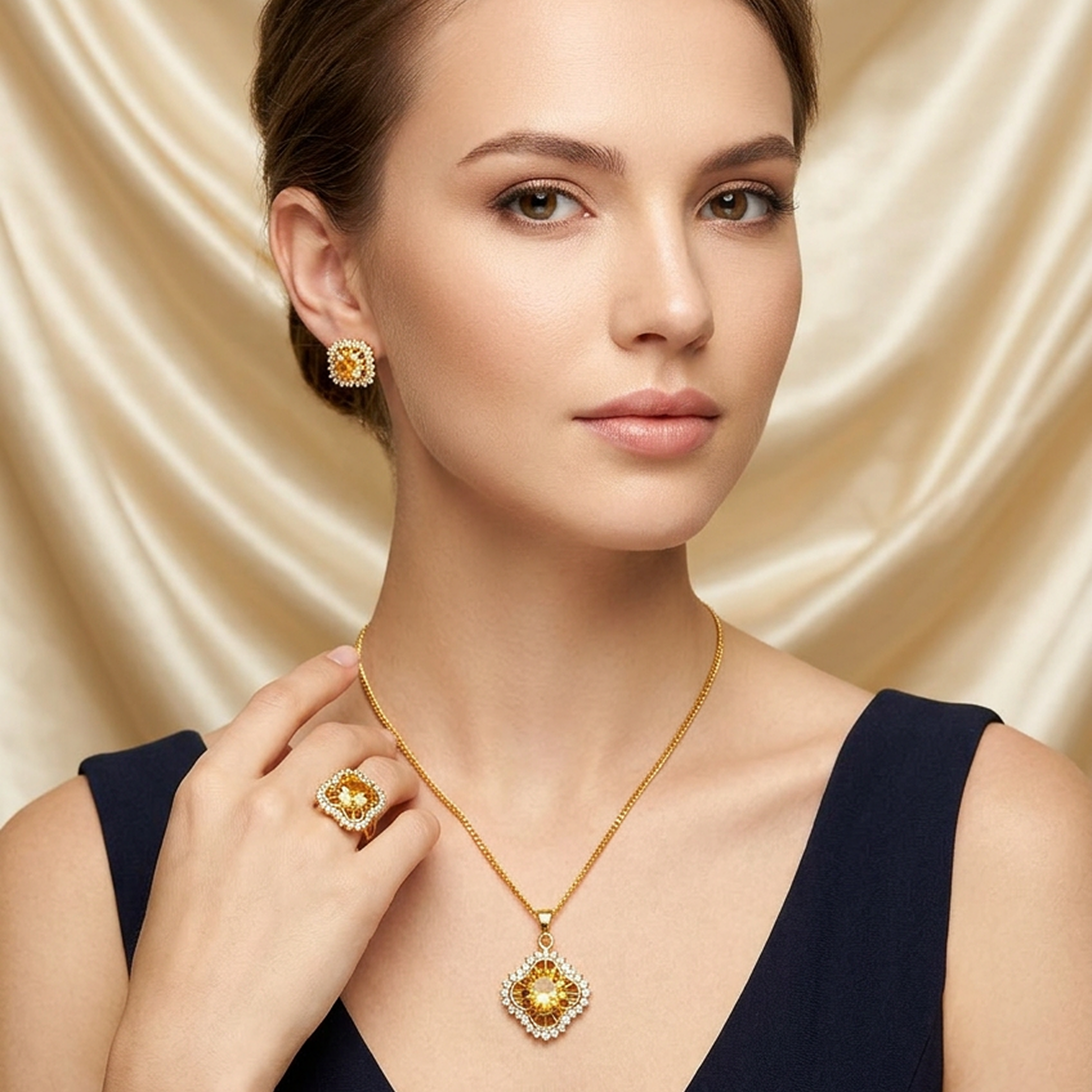 Golden yellow Royal Gold Round Stone Jewelry Set, featuring a quatrefoil pendant, matching stud earrings, and ring, worn by a model.