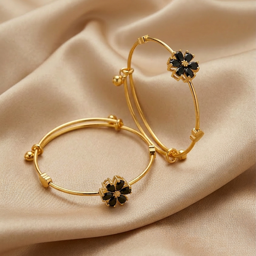 Black Floral Adjustable Gold Stainless Steel Bracelets – Set of 2